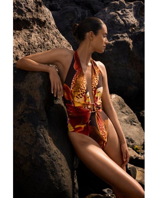 Karen Millen Black Orchid Print Plunge Swimsuit