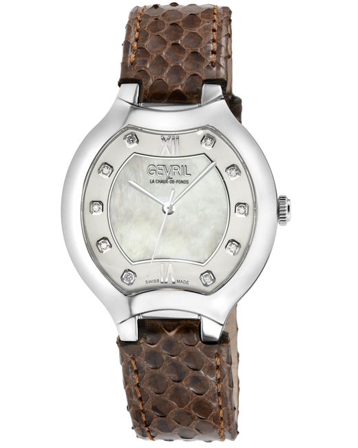 Gevril Gray Lugano Swiss Diamond Watch, Mop Dial Genuine Italian Handmade Leather