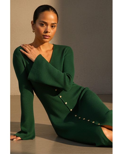 Roman Green Petite Knitted Button Detail Midi Dress