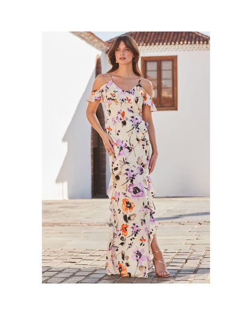 Sosandar Gray Ivory Floral Print Ruffle Detail Cold Shoulder Maxi Dress