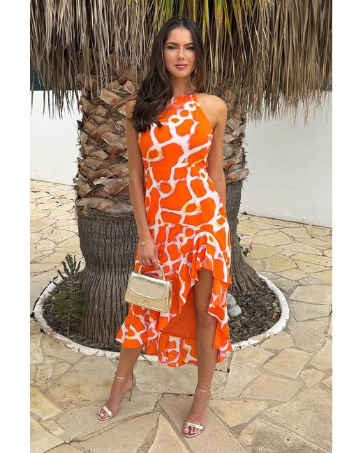 AX Paris Orange Giraffe Print Racer Neck High Low Frill Hem Midi Dress