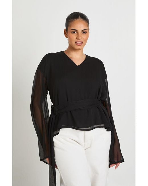 Boohoo Black Plus Chiffon Trim Wrap Top