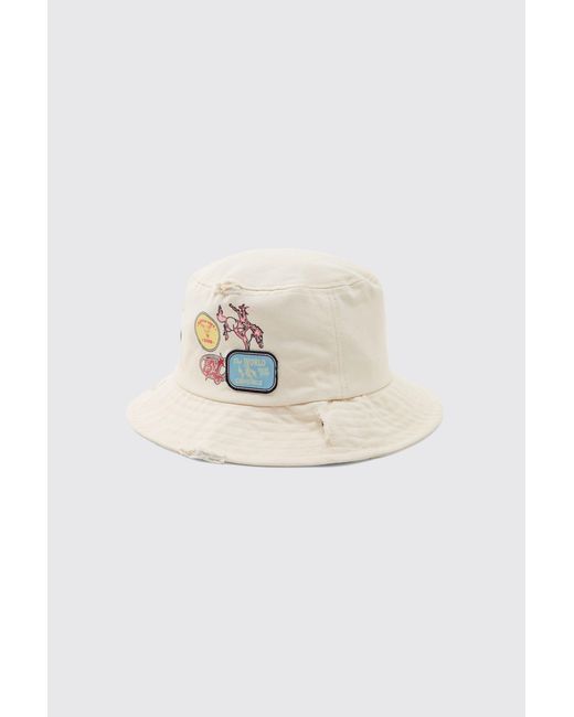 BoohooMAN White Printed Bucket Hat With Applique Patches for men