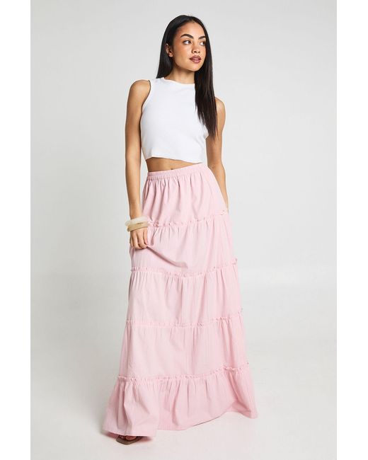 Boohoo Pink Tiered Cotton Poplin Maxi Skirt