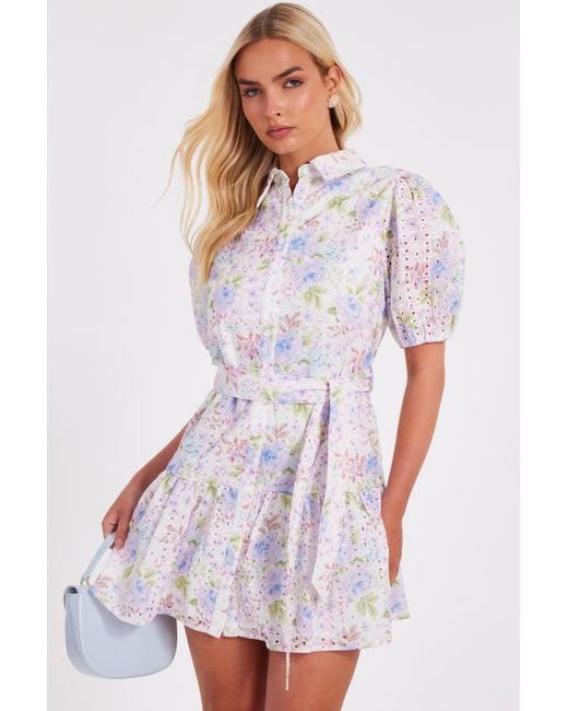 Quiz White Embroidered Floral Shirt Dress
