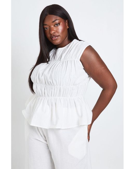Boohoo White Plus Shirred High Neck Top And Wide Leg Trouser Set