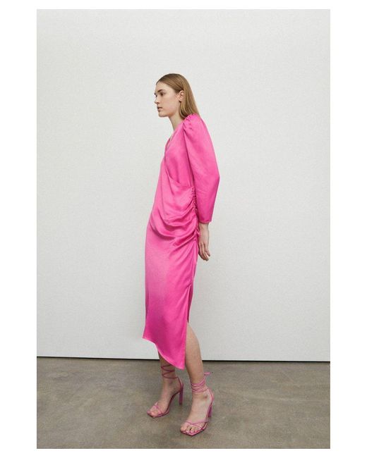 Warehouse Pink Petite Satin Long Sleeve Wrap Midi Slip Dress