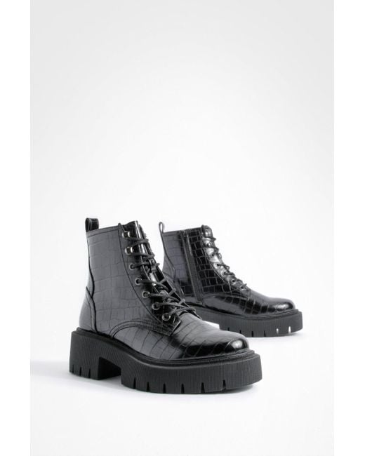 Boohoo Black Tab Detail Chunky Lace Up Croc Hiker Boots