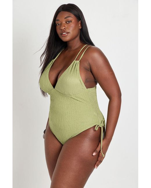 Boohoo Green Plus Textured Plunge Swimsuit