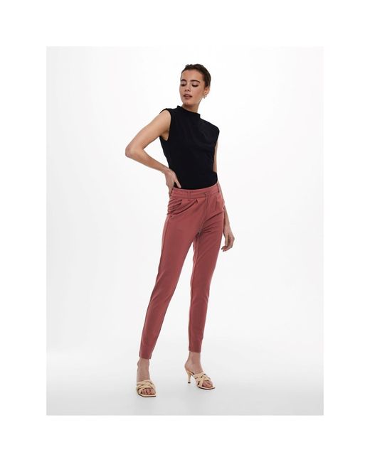 ONLY Red Solid Patterned Slim Trousers