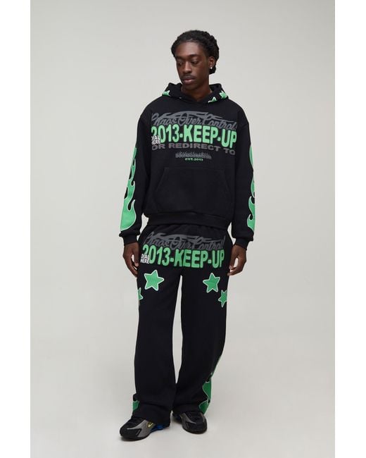BoohooMAN Blue Oversized Boxy Flame Star Slogan Puff Print Hooded Tracksuit for men