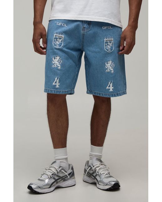 BoohooMAN Blue Relaxed Badge Applique Denim Shorts for men