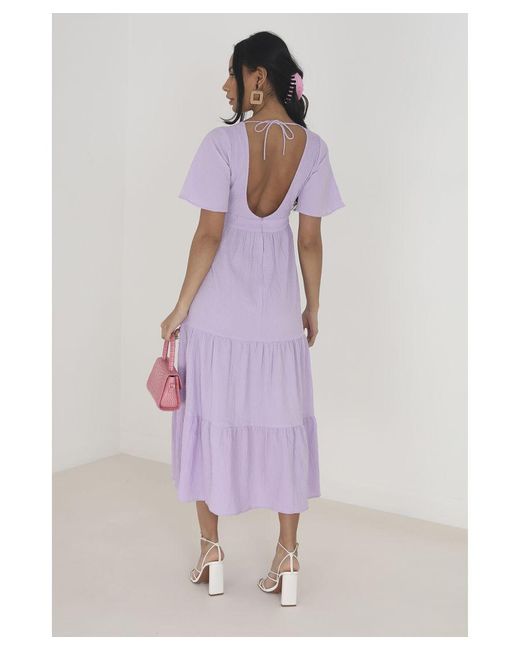 Brave Soul Purple 'Hegal' V-Neck Flutter Sleeve Tiered Midi Dress