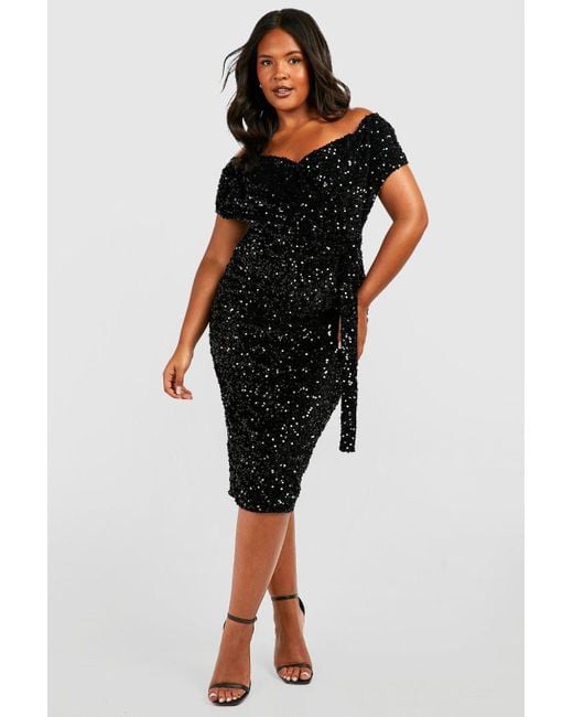 Boohoo Plus Sequin Off The Shoulder Wrap Midi Dress in Black Lyst UK
