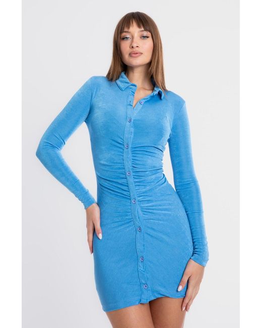Hiccup Blue Polo Collar Buttoned Long Sleeve Midi Bodycon Dress