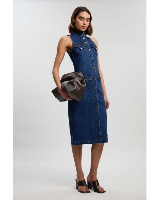 Karen Millen Blue Denim Sleeveless Midi Button Detail Dress