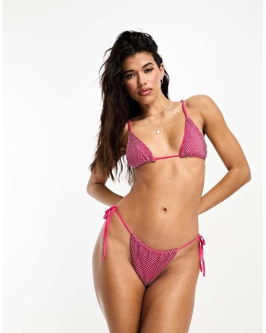 SIMMI Red Diamante Detail Tie Side Bikini Bottoms Co-Ord