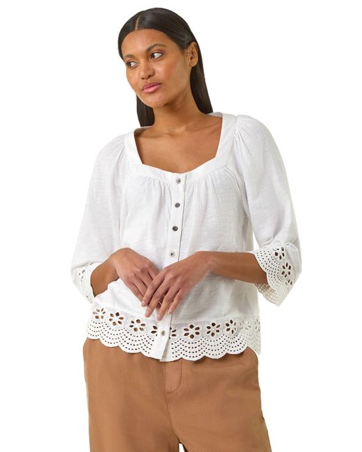 Roman White Cotton Broderie Hem Blouse
