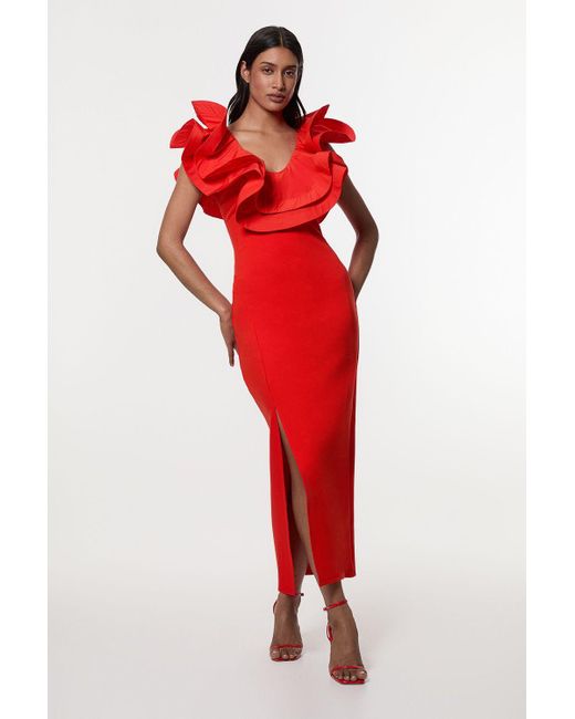 Karen Millen Red Ruffle Ponte And Cotton Mix Jersey Side Split Maxi Dress