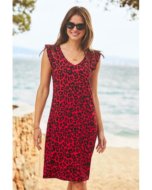 Sosandar Red Animal Print Frill Sleeve Shift Dress