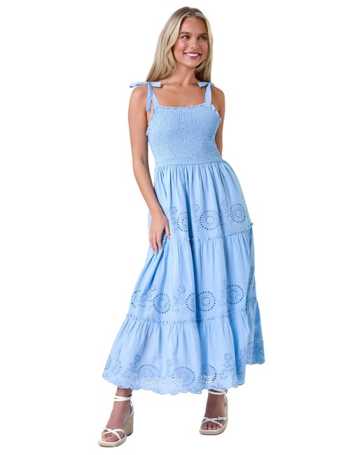 Roman Blue Petite Cotton Broderie Tiered Maxi Dress