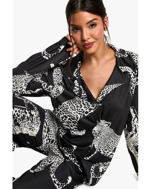 Boohoo Black Leopard Print Long Sleeve Shirt & Trousers Pyjama Set