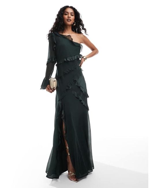 ASOS Black One Shoulder Bias Cut Ruffle Satin Chiffon Mix Maxi Dress