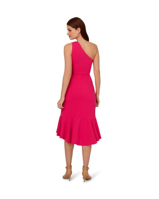 Adrianna Papell Red One Shoulder Crepe Midi Dress