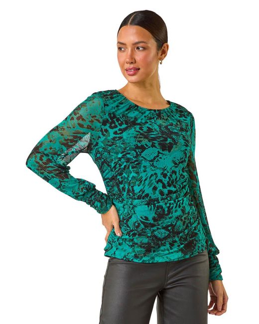 Roman Green Mesh Print Top