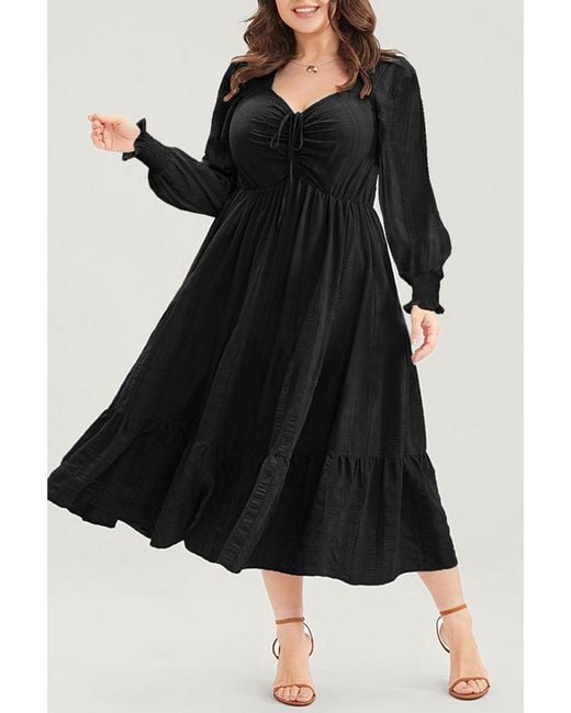 Azura Exchange Black Elegantes Midi-Kleid Mit Langen Ärmeln Und Bindeband Vorne