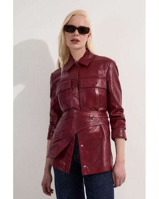 Karen Millen Red Leather Safari Jacket With Detachable Wrap Belt Detail