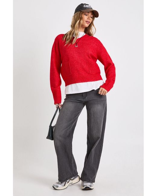 Boohoo Red V Neck Pocket Detail Oversized Knitted Jumper