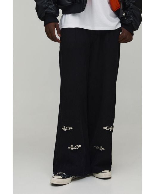 BoohooMAN Black Clasp Detail Super Baggy Jeans for men