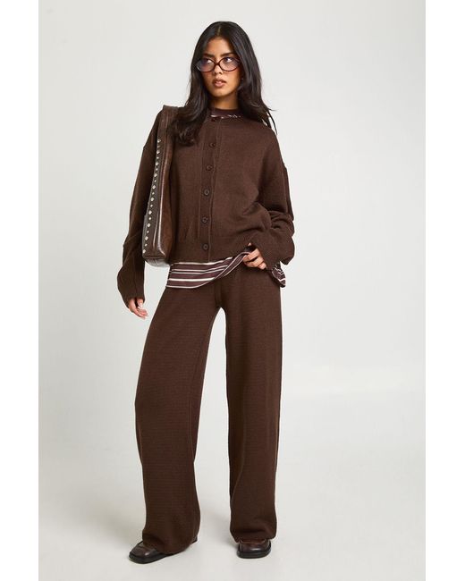 Boohoo Brown Crew Neck Knitted Boxy Cardigan And Wide Leg Trouser Co-Ord
