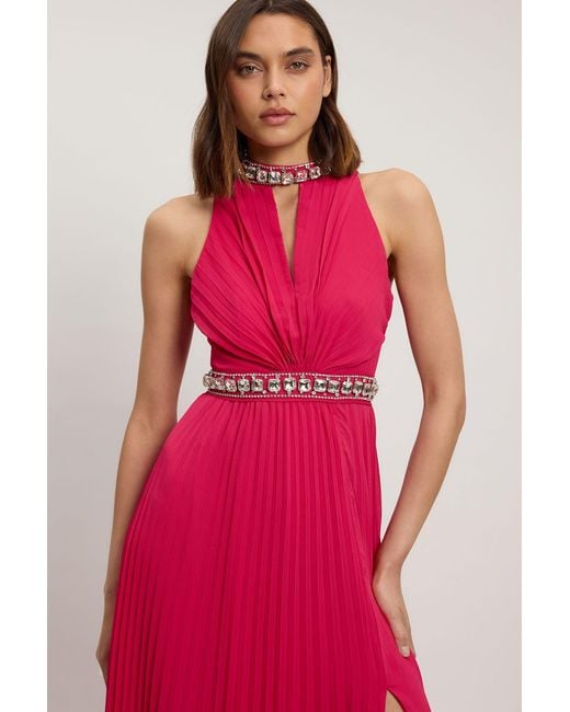 Karen Millen Red Crystal Embellished Woven Split Maxi Dress