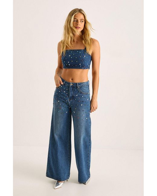Nasty Gal Blue Denim Jewel Strappy Crop Top