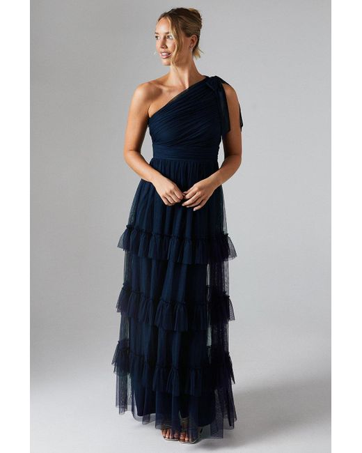 Oasis Blue Pleated Mesh One Shoulder Tiered Bridesmaids Dress