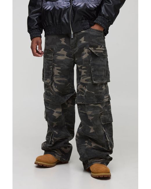 BoohooMAN Black Sfera Camo Print Zip Off Baggy Cargo Pants for men
