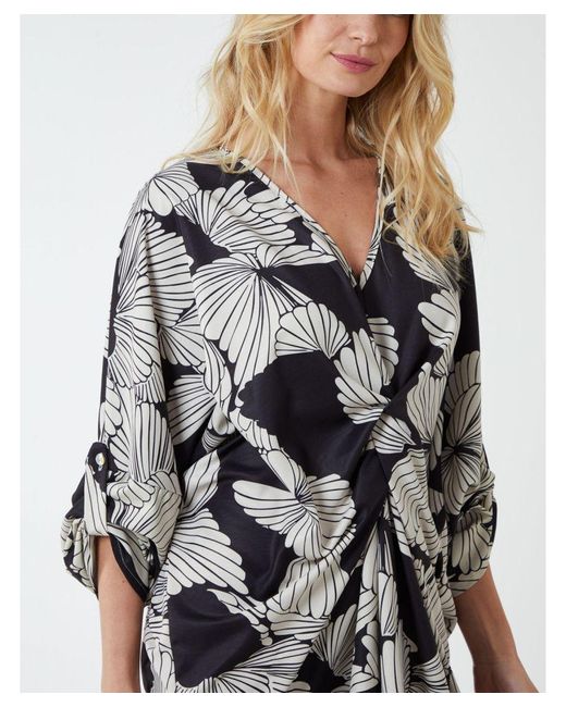 Blue Vanilla White Twist Front Floral Print Tunic