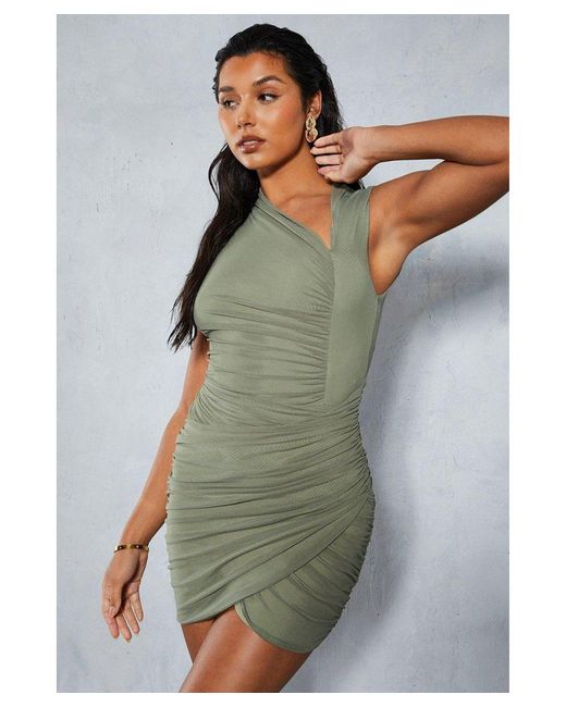 MissPap Green Mesh Sleeveless Cut Out Detail Ruched Bodycon Mini Dress