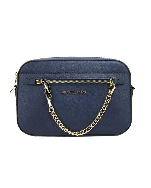 Michael Kors Blue Leather Crossbody Bag With Chain Zipper Accent