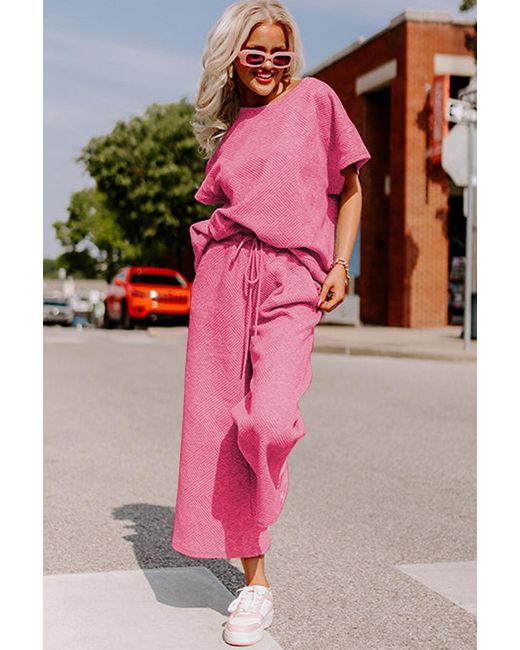 Azura Exchange Geribbelde Casual Broek Met Touwtrek Taille in het Pink