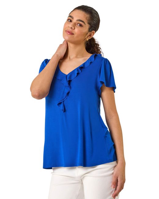 Roman Blue Ruffle Front Stretch Top