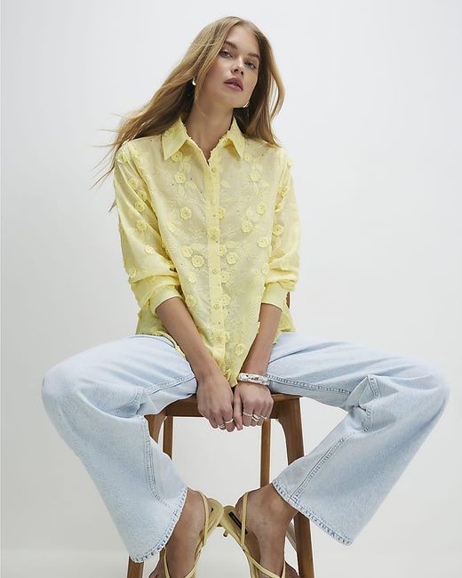 River Island Yellow Shirt 3D Floral Embellished Long Sleeve