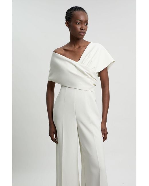 Karen Millen White Compact Viscose Stretch Tailored Off Shoulder Jumpsuit