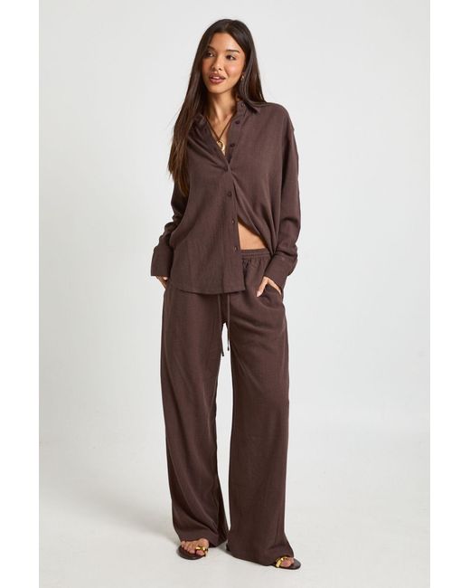 Boohoo Brown Premium Linen Wide Leg Trousers