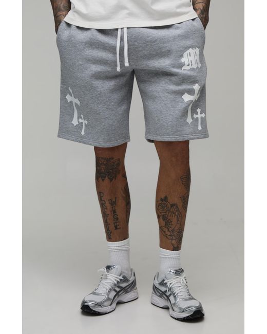 BoohooMAN Gray Tall Relaxed Fit Gothic M Cross Print Short for men