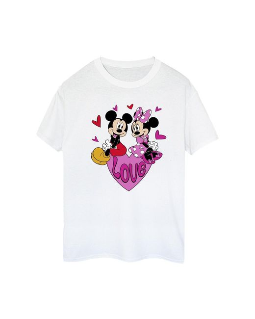 Disney White Ladies Love Heart Mickey & Minnie Mouse Cotton Boyfriend T-Shirt
