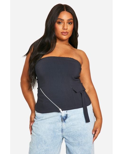 Boohoo Blue Plus Bandeau Zip Side Top