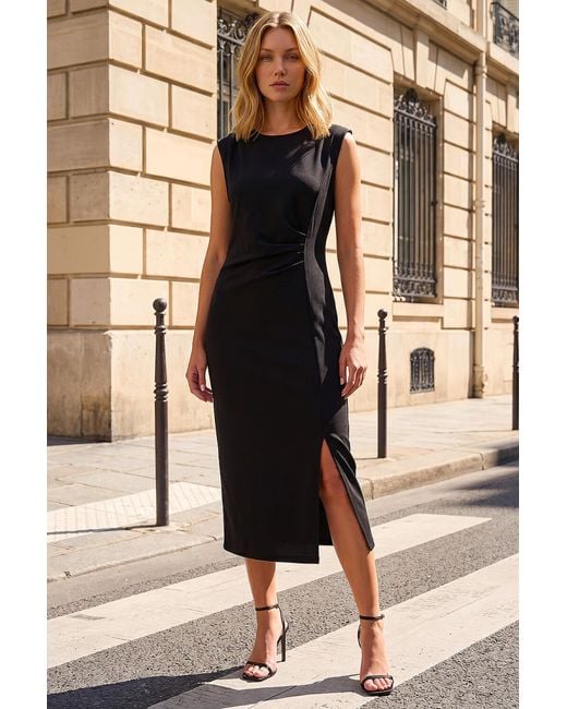 Roman Black Side Pleat Midi Dress